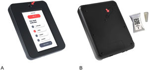 (A) Front view of the Noar MultiScent-20® digital device. It is a 7-inch touchscreen tablet used to digitally demonstrate aromas. The odor release opening is indicated by an arrow. (B) Rear view of the device. Capsule with individual odor storage. The capsules are loaded through an insertion port (arrow) on the back of the device.