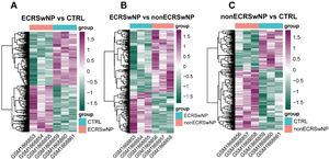Heatmap of DEG expression levels among the three groups. (A) Heatmap of DEGs between ECRSwNP and CTRL. (B) Heatmap of DEGs between ECRSwNP and nonECRSwNP. (C) Heatmap of DEGs between nonECRSwNP and CTRL. Purple indicates high expression, while green indicates low expression. DEG, Differentially Expressed Genes; ECRSwNP, Eosinophilic Chronic Rhinosinusitis with Nasal Polyps; nonECRSwNP, non-Eosinophilic Chronic Rhinosinusitis with Nasal Polyps; CTRL, Control.