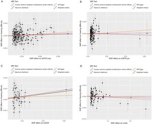 Scatter plot of genetic correlations of renal function biomarkers and hearing loss using different MR methods. (A) The effect size and 95% CI of each SNP on eGFR-crea and hearing loss risk. (B) The effect size and 95% CI of each SNP on eGFR-cys and hearing loss risk. (C) The effect size and 95% CI of each SNP on UACR and hearing loss risk. (D) The effect size and 95% CI of each SNP on urate and hearing loss risk. X-axis represents genetic effect of each SNP on eGFR-crea (A), eGFR-cys (B), UACR (C) or urate (D). Y-axis reflects the genetic effect of each SNP on hearing loss risk. eGFR-crea, estimated Glomerular Filtration Rate based on creatinine; eGFR-cys, estimated Glomerular Filtration Rate based on serum cystatin C; UACR, Urine Albumin-to-Creatinine Ratio; MR, Mendelian Randomization; SNPs, Single-Nucleotide Polymorphisms.