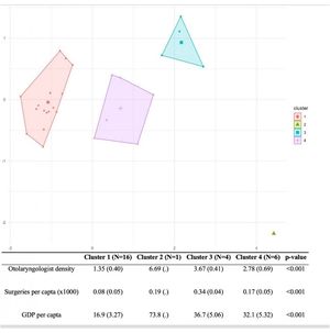 Cluster analysis of Brazilian states by otolaryngologist density, surgical rates per capita, and GDP per capita. Clusters: (1) Acre, Alagoas, Amapá, Amazonas, Bahia, Ceará, Maranhão, Pará, Paraíba, Pernambuco, Piauí, Rio Grande do Norte, Rondônia, Roraima, Sergipe, Tocantins; (2) Federal District; (3) Espírito Santo, Paraná, Santa Catarina, São Paulo; (4) Goiás, Mato Grosso, Mato Grosso do Sul, Minas Gerais, Rio de Janeiro, Rio Grande do Sul.