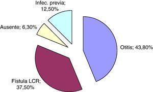 Diagrama de sectores. Se representan las causas subyacentes en las meningitis por Streptococcus pneumoniae.