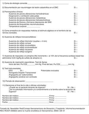 Hoja normativizada para realizar el diagnóstico de muerte encefálica.