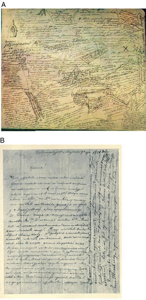 A) Borrador de Los hermanos Karamázov’. B) Carta a su hermano Mijaíl del 9 de agosto de 1838. Nótese la tendencia a ocupar todo el espacio del papel y la escritura superpuesta, especialmente en la figura A.