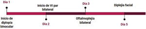 Línea de tiempo (en días) representando la evolución de los síntomas presentados por la paciente.