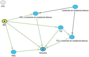 Modelo de gráfico acíclico dirigido que representa los efectos directos, indirectos e interactivos de factores cardiometabólicos y lesiones cerebrales sobre la concentración de glucosa.