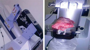 A) Texturómetro EZ Shimadzu utilizado para el desarrollo de las pruebas reológicas en las mandíbulas de cerdo. B) Fragmento de mandíbula de cerdo acoplada al texturómetro utilizada para las pruebas reológicas.