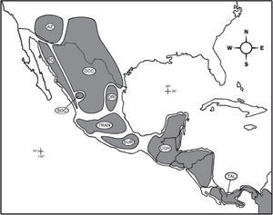 Áreas de endemismo de Marshall y Liebherr (2000): AZ, sureste de Arizona; SD, desierto de Sonora; OCC, sierra Madre Occidental y meseta Central; SOC, sur de la sierra Madre Occidental; ORI, sierra Madre Oriental; TRAN, sierra Transvolcánica; SUR, sierra Madre del Sur; CGH, tierras altas de Chiapas y Guatemala; TAL, cordillera de Talamanca.