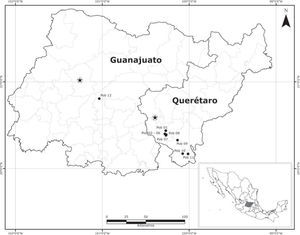 Distribución de las poblaciones estudiadas de Lilaeascilloides en el centro de México.