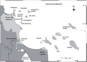 Toponimia del Parque Nacional Sistema Arrecifal Veracruzano. Se incluyen los 2 sectores con los nombres de los arrecifes respectivos.