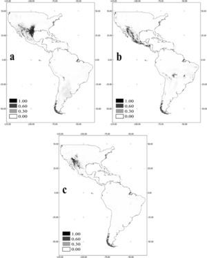 Distribución geográfica potencial de a), Thraulodes gonzalesi; b), T. brunneus y c), T. speciosus. La escala de grises representa la probabilidad de presencia de las especies.
