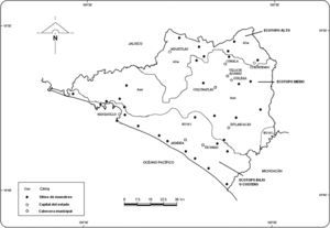 Mapa de Colima señalando los sitios de muestreo y los ecotopos estratificados de acuerdo con el clima y la altitud sobre el nivel del mar.