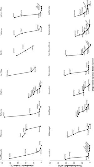 Gráficos de intervalo-abundancia relativa de las especies de musgos epifitos de la ZMVT.