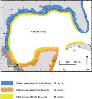 Distribución y número de especies encontradas en las provincias Carolineana y Caribeña (Tropical), así como la distribución en el golfo de México.