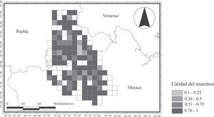 Estimación de la calidad del muestreo de cactáceas en el Valle de Tehuacán-Cuicatlán representadas en las bases de datos. Cuadros de 5' latitud x 5' longitud.