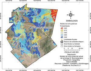 Modelo de nicho potencial de las madrigueras de Gopherus flavomarginatus en la Reserva de la Biosfera de Mapimí realizado en ArcMap.