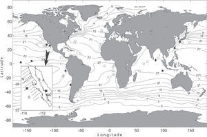 Worldwide records of the genus Helicosalpa: H. komaii (squares), H. younti (diamonds) and H. virgula (circles). The sampling grid off Baja California by IMECOCAL Program is detailed in lower left corner showing northern (N) and southern (S) sectors and the location of records of H. komaii off Baja California and in the Gulf of California (GC). Locations were obtained from: Thompson, 1948; Yount, 1954; Madin, 1968; Hubbard and Pearcy, 1971; Van Soest, 1974; Blackburn, 1979; Madin et al., 1996; Esnal et al., 1998; Tew and Lo, 2005; Hereu et al., 2006; Wiebe et al., 2006; Ayón et al., 2008; Weikert and Godeaux, 2008; and Lavaniegos (unpublished data). Average Sea Surface Temperature taken from WOA09 at NOAA