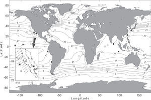 Worldwide records of the genus Helicosalpa: H. komaii (squares), H. younti (diamonds) and H. virgula (circles). The sampling grid off Baja California by IMECOCAL Program is detailed in lower left corner showing northern (N) and southern (S) sectors and the location of records of H. komaii off Baja California and in the Gulf of California (GC). Locations were obtained from: Thompson, 1948; Yount, 1954; Madin, 1968; Hubbard and Pearcy, 1971; Van Soest, 1974; Blackburn, 1979; Madin et al., 1996; Esnal et al., 1998; Tew and Lo, 2005; Hereu et al., 2006; Wiebe et al., 2006; Ayón et al., 2008; Weikert and Godeaux, 2008; and Lavaniegos (unpublished data). Average Sea Surface Temperature taken from WOA09 at NOAA's “Ocean Climate Laboratory” free access server (Locarnini et al., 2010).