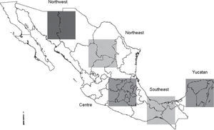 Location of the 5 regions of Mexico analyzed in this study: Northwest (NW), Northeast (NE), Centre (C), Southeast (SE), and Yucatán Peninsula (P)