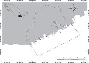 Ubicación del Parque Nacional Huatulco, Oaxaca, en el Pacífico mexicano. La línea punteada representa el límite del parque. 1= San Agustín, 2= isla San Agustín, 3= Riscalillo, 4= Jicaral, 5= Dos Hermanas, 6= La Prima, 7= La India, 8= Pomelo, 9= Copal, 10= isla Cacaluta, 11= Maguey, 12= Órgano, 13= Violín.