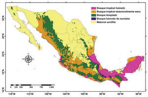 Distribución de los 5 biomas más importantes en México.