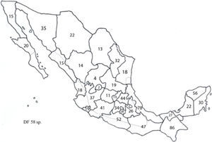 Riqueza específica del phylum Nematoda en vertebrados silvestres por estado de la República Mexicana.