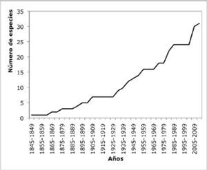 Curva acumulativa de especies de euhirudíneos por año de registro (en intervalos de 5 años).