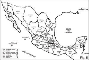 Número de especies de Psocoptera en cada estado de México y en las islas Marías y Revillagigedo.