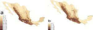 Distribución geográfica de la riqueza de especies endémicas de México. a), riqueza de especies; b), proporción de especies endémicas sobre el total de especies residentes.