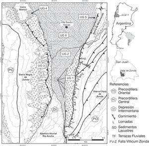Unidades geomorfológicas del valle de Zonda: piedemonte de la sierra Chica de Zonda (UG1), planicie aluvial del río Seco de la Ciénaga (UG2), piedemonte de la sierra Alta de Zonda (UG3), piedemonte del cerro Blanco (UG4), piedemonte de la sierra de Marquesado (UG5) y el antiguo abanico aluvial del río San Juan (UG6),