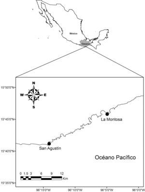 Localización de los sitios de estudio: San Agustín e isla Montosa, bahías de Huatulco, Oaxaca.