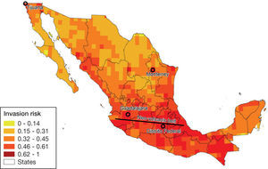 Invasion risk map of Mexico. Invasion risk index map for Mexico showing the final scoring for each 0.5° × 0.5° plot. The index ranges from 0 (low invasibility) to 1 (high invasibility) and thus areas in red are potentially more invaded than areas in yellow.