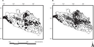 Áreas de conservación seleccionadas en Guerrero sin considerar pérdida de hábitat natural (A) y áreas de conservación seleccionadas considerando pérdida de hábitat natural (B).