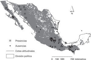 Mapa de la distribución de Batrachochytrium dendrobatidis en México. Los asteriscos señalan los sitios en el que se ha detectado la infección por el quitridio. Los círculos representan lugares donde no se ha detectado la presencia del mismo en los anfibios analizados.