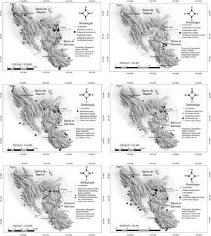 Ubicación geográfica de las especies de pteridofitas registradas en las sierras El Sarnoso y Mapimí, Durango, México.