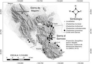 Ubicación geográfica de las especies de pteridofitas registradas en las sierras El Sarnoso y Mapimí, Durango, México.