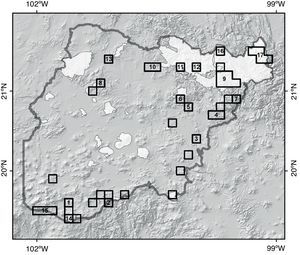 Red de áreas prioritarias de conservación en el Bajío (polígonos numerados), definida con base en las especies endémicas. Los polígonos sin número son áreas complementarias y las zonas claras corresponden a las áreas naturales protegidas.
