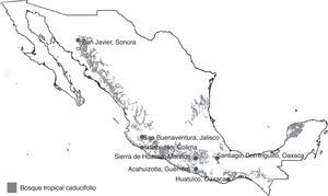 Localidades de muestreo de los Cantharidae (Coleoptera) consideradas en este trabajo. Las zonas en gris corresponden a las áreas de distribución del bosque tropical caducifolio obtenidas de Conabio (1999).