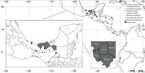 Ubicación de los nuevos registros de orquídeas para el estado de Tabasco, México y su distribución en el Neotrópico. La distribución de las especies en países distintos a México se representa con un símbolo por país, aunque generalmente tienen un mayor número de registros.