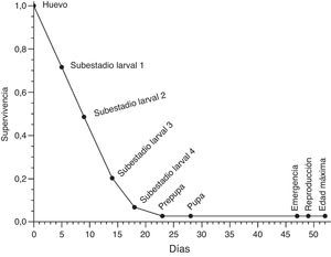 Curva de supervivencia de Eumaeus toxea alimentado con la cícada Zamia paucijuga en la localidad 9, las características de la localidad están en la tabla 1 y su localización en la figura 1.