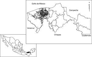 Ubicación del estado de Tabasco en la República Mexicana (recuadro inferior) y distribución de las plantaciones de cacao en Tabasco, México (recuadro superior).