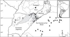 Distribución geográfica de Micrurus silviae: nuevos datos en Argentina (círculos), y datos previos en Brasil (triángulos) y Paraguay (cuadrado). Los polígonos gris claro indican las áreas protegidas de Argentina. Los polígonos gris oscuro, las forestaciones de pino y eucaliptos que reemplazaron pastizales naturales. El polígono con rayas oblicuas blancas, el área de inundación de la represa de Yacyretá. El polígono cuadriculado gris y blanco, el área de afectación de la proyectada represa de Garabí.