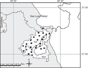 Study area. In the gray SMO, area dominated by tropical evergreen forest (TEF), area dominated by mountain cloud forest (MCF); the pentagons represent the tropical evergreen forest localities, circles are tropical grazing areas, triangles are cloud forest grazing areas, and squares are the cloud mountain forest localities.