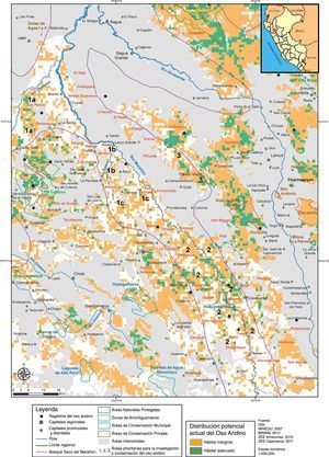 Modelación de la distribución del oso andino en el bosque seco del Marañón (Cajamarca-Amazonas): Área prioritaria de conservación e investigación 1, incluye los 3 ramales de hábitats marginales dentro del BSM conectados con los hábitats adecuados y marginales dentro del Parque Nacional de Cutervo y su zona de amortiguamiento (ZA). Dentro de esta existen 3 subáreas: a) los bosques montanos al norte del parque y su ZA con el BSM de los alrededores de San Pedro y Perlamayo; b) los bosques montanos y páramos ubicados en el sur del bloque norte del parque y su ZA, San Andrés de Cutervo y San Juan de Cutervo, con el BSM de los alrededores del río Silaco; y c) el bloque sur del parque y su ZA, Sócota y San Luis de Lucma, con el BSM de los alrededores de Chimbán y Las Palmas. Área prioritaria de conservación e investigación 2, incluye el BSM de los bosques de Chumuch-Cortegana, el Área de Conservación Municipal Huacaybamba-Cerro Cedropata, Tolón y Shucamayo. Área prioritaria de conservación e investigación 3, incluye el BSM de los alrededores de Pueblo Viejo.