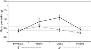Variación estacional de la masa total del contenido del tracto digestivo de las hembras (línea continua) y los machos (línea punteada) de la lagartija Xenosaurus mendozai en el estado de Querétaro (México).