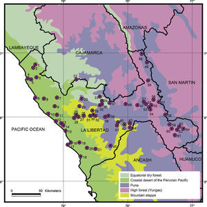 Map of La Libertad Region (Peru) with localities where studies or collections of birds were carried out. 1. Algarrobal El Moro (07°11′ S, 79°26′ W), 2. Guadalupe (07°14′ S, 79°28′ W), 3. ACPB El Cañoncillo (07°23′ S, 79°25′ W), 4. Pacasmayo (07°24′ S, 79°33′ W), 5. San Pedro de Lloc (07°25′ S, 79°30′ W), 6. Malabrigo-El Tubo (07°42′ S, 79°26′ W), 7. Ascope (07°42′ S, 79°06′ W), 8. Paijan (07°43′ S, 79°18′ W), 9. Chicama (07°50′ S, 79°08′ W), 10. El Brujo (07°57′ S, 79°14′ W), 11. Cerro Campana (07°58′ S, 79°06′ W), 12. Huanchaco (08°04′ S, 79°07′ W), 13. Trujillo (08°06′ S, 79°02′ W), 14. Moche (08°08′ S, 79°00′ W), 15. Salaverry (08°13′ S, 78°58′ W), 16. Puerto Morin (08°24′ S, 78°53′ W), 17. Cerro Negro (08°26′ S, 78°56′ W), 18. Viru (08°24′ S, 78°45′ W), 19. Chao (08°37′ S, 78°44′ W), 20. Laramie (08°29′ S, 78°38′ W), 21. Huamanzaña (08°30′ S, 78°30′ W), 22. Bosque de Cachil (07°25′ S, 78°48′ W), 23. Llaguen (07°43′ S, 78°43′ W), 24. Sinsicap (07°50′ S, 78°45′ W), 25. Simbal (07°58′ S, 78°48′ W), 26. Menocucho (08°01′ S, 78°50′ W), 27. Poroto (08°00′ S, 78°46′ W), 28. Samne (07°59′ S, 78°41′ W), 29. Otuzco (07°54′ S, 78°33′ W), 30. Agallpampa (07°58′ S, 78°32′ W), 31. Milluachaqui (07°59′ S, 78°35′ W), 32. Motil (07°59′ S, 78°30′ W), 33. Huaranchal (07°41′ S, 78°26′ W), 34. Chuquizonco (07°45′ S, 78°24′ W), 35. Charat (07°49′ S, 78°26′ W), 36. Usquil (07°48′ S, 78°24′ W), 37. Shitauar (07°47′ S, 78°17′ W), 38. Shorey (08°00′ S, 78°21′ W), 39. Quiruvilca (07°59′ S, 78°18′ W), 40. Cachicadan (08°05′ S, 78°09′ W), 41. Santiago de Chuco (08°08′ S, 78°10′ W), 42. Angasmarca (08°07′ S, 78°03′ W), 43. Tulpo (08°06′ S, 77°58′ W), 44. Mollebamba (08°10′ S, 77°58′ W), 45. Calipuy (08°27′ S, 78°16′ W), 46. Huamachuco (07°48′ S, 78°02′ W), 47. Cochabamba (07°49′ S, 77°51′ W), 48. Las Quinuas (07°01′ S, 77°47′ W), 49. Bolívar (07°09′ S, 77°42′ W), 50. Bambamarca (07°26′ S, 77°41′ W), 51. El Molino (07°46′ S, 77°45′ W), 52. Aricapampa (07°48′ S, 77°43′ W), 53. Soquian (07°51′ S, 77°40′ W), 54. Succha (07°53′ S, 77°39′ W), 55. Chagual (07°49′ S, 77°38′ W), 56. Pataz (07°44′ S, 77°36′ W), 57. Chigualen (07°46′ S, 77°31′ W), 58. Parcoy (07°58′ S, 77°25′ W), 59. Buldibuyo (08°07′ S, 77°21′ W), 60. Huaylillas (08°11′ S, 77°19′ W), 61. Tayabamba (08°17′ S, 77°16′ W), 62. Mashua (08°12′ S, 77°14′ W), 63. Cumpang (08°09′ S, 77°12′ W), 64. Utcubamba (08°11′ S, 77°08′ W). Ecoregions follow official names provided by MINAM and described in Material and methods section.