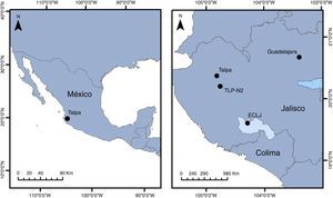 Localización del área de estudio donde se extrajo el núcleo de sedimento denominado TLP-N2, dentro del bosque mesófilo de montaña en el centro-occidente de México.