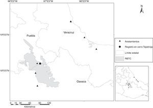 Localización del registro reportado en el cerro Tepetroja, Puebla, con relación a los registros de avistamientos conocidos en Puebla, Oaxaca y Veracruz.