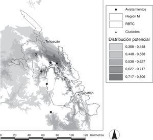 Modelo de distribución potencial del nicho ecológico del águila real (Aquila chrysaetos) en la Reserva de la Biosfera Tehuacán-Cuicatlán (RBTC). El Valle de Tehuacán (1), la Depresión de la Cañada (2), el paso del Valle de Tehuacán al Valle de Zapotitlán (3) y la Cuenca del Río Hondo (4) presentaron las mayores probabilidades de presencia de condiciones ambientales favorables para la rapaz.