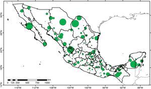 Mexican localities with floristic inventories (N=284). The size of the circle is proportional to the studied surface in each inventory. Total surface covered by the studies is 378,887km2 (19.2% of Mexico's territory).
