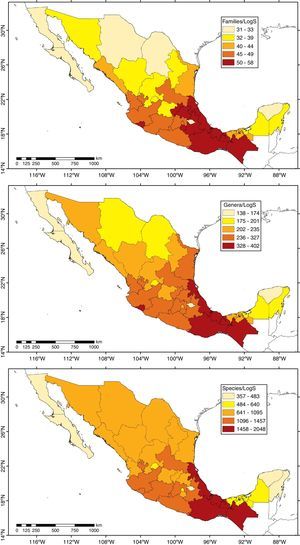 Richness of species, genera, and families in Mexican states. Figures are standardized by area by dividing the total values by the logarithm (log10) of the state's surface (S).